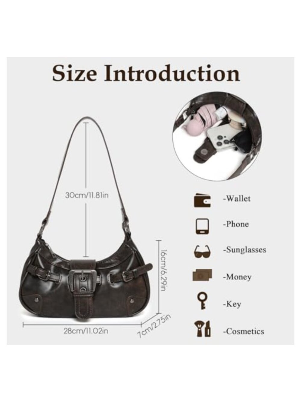 Vegan Leather Crescent Hobo Bag for Women Zipper Closure Casual Shoulder Bag - Picture 5 of 6